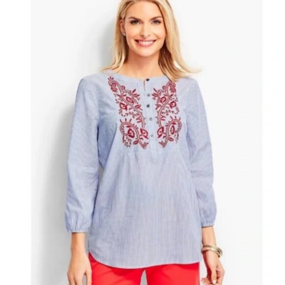 Talbots Tops - Talbots Embroidered Henley Blouse Round Neck Elastic Cuff Boho Size XL